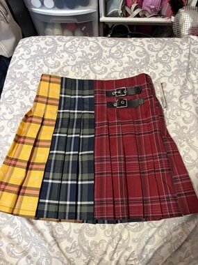 No Boundaries Plaid Panel Pleated Mini Skirt in Yellow, Navy, Olive, and Red